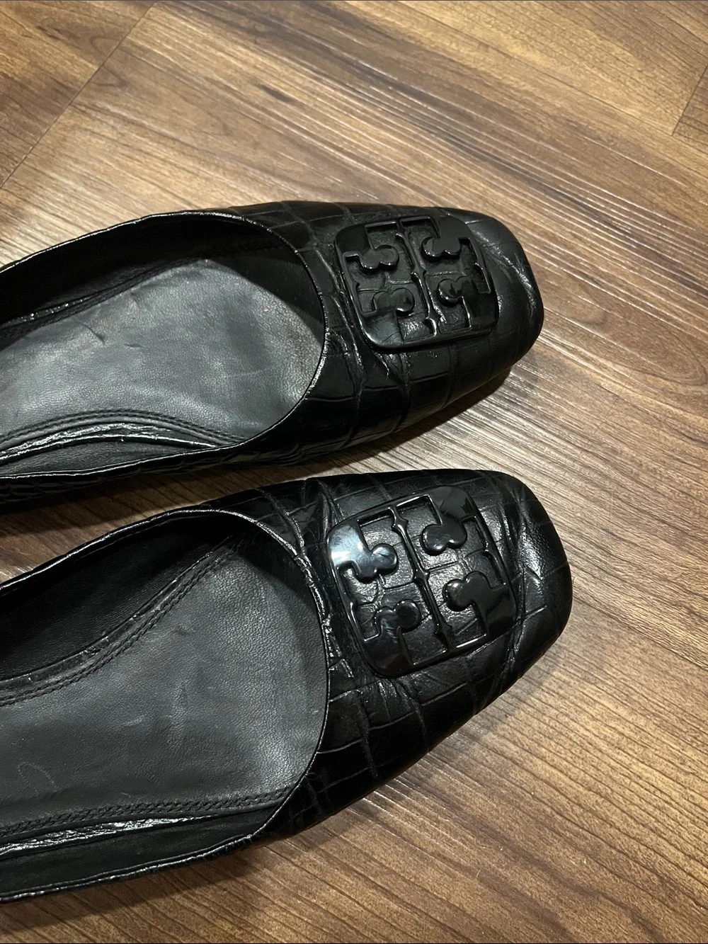 Tory Burch Georgia Square-Toe Black Croc-Embossed Logo Ballet Flats